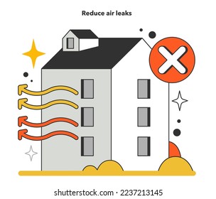 Verringerung der Luftlecks für die Energieeffizienz zu Hause. So sparen Sie auf Ihrer Heizrechnung oder senken Sie Ihre Versorgungskosten. Wärmespeicherung. Inflation oder wirtschaftlicher Rezessionseffekt. Flache Vektorgrafik