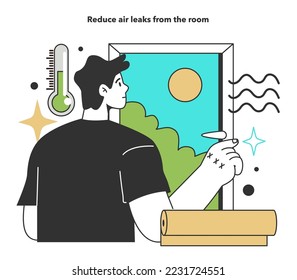 Reduce air leaks from the room for energy efficiency at home. Electricity consumption expenses. Inflation or economic recession effect. Flat vector illustration