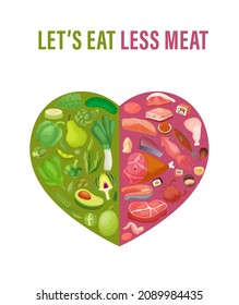 Reduce animal products consumption. Eat less meat for wellbeing animal, environment. Changing eating habits to vegan diet, reducetarians promotional poster. Vector illustration on green background.