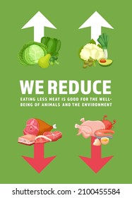 Reduce animal products consumption. Eat less meat for wellbeing animal, environment. Changing eating habits to vegan diet, reducetarians promotional poster. Vector illustration on green background.