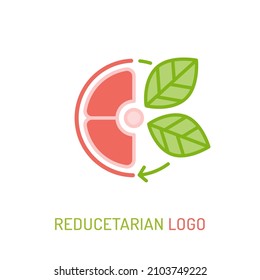 Reduce animal products consumption. Eat less meat for wellbeing animal, environment. Changing eating habits to vegan diet, reducetarians promotional logo. Vector illustration on white background.