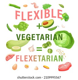 Reduce animal products consumption. Eat less meat for wellbeing animal, environment. Changing eating habits to vegan diet. Flexitarian poster, banner. Vector illustration on white background.