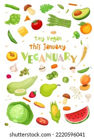 Reduce animal products consumption. Eat less meat for the well-being of animal, environment. Changing eating habits to vegan diet, veganuary month promotional poster. Editable vector illustration.
