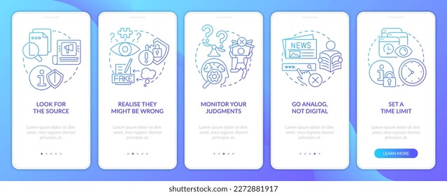 Reduce anxiety about news blue gradient onboarding mobile app screen. Walkthrough 5 steps graphic instructions with linear concepts. UI, UX, GUI template. Myriad Pro-Bold, Regular fonts used