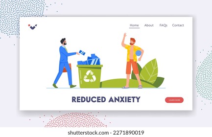 Reduce Anxiety Landing Page Template. Business Man Throw Mobile Phone into Litter Bin Putting Aside Technology