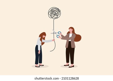 Reduce anxiety or stress, psychotherapy to cure mental health problem or depression, relaxation or relief to cure overworked concept, psychologist using scissors to cut chaos messy balloon on patient.