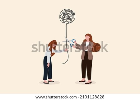 Reduce anxiety or stress, psychotherapy to cure mental health problem or depression, relaxation or relief to cure overworked concept, psychologist using scissors to cut chaos messy balloon on patient.