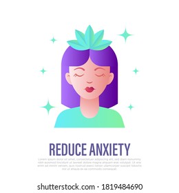 Reducir la ansiedad: joven con los ojos cerrados relajándose. Meditación. Aliviar el dolor de cabeza, la migraña. Icono de gradiente plano. Ilustración vectorial.