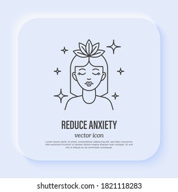 Reduce Anxiety: Young Woman With Closed Eyes Relaxing. Meditation. Relieve Headache, Migraine. Thin Line Icon. Vector Illustration.