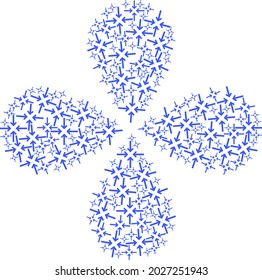 Reduce arrows explosion abstract flower. Object flower with 4 petals done from oriented reduce arrows symbols. Vector flower collage in flat style.