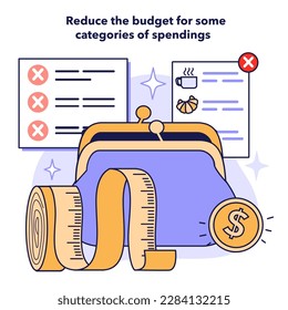 Reduce the budget for some categories of spendings to optimize your expenses. Useful guidance for efficient household budgeting and economy. Flat vector illustration