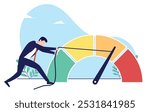 Reduce business risk level - Businessman person working hard on decrease financial red alert meter and lower danger indicator on scale. Flat design vector stock illustration with white background