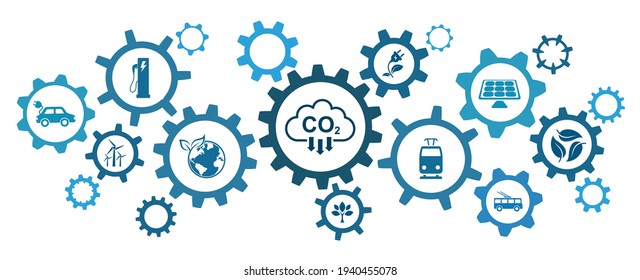 Reduce carbon dioxide emissions to limit global warming and climate change. Lower CO2 levels with sustainable development as renewable energy and electric vehicles - stock vector