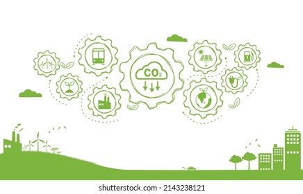 Reduce carbon dioxide emissions to limit global warming and climate change. Lower CO2 levels with sustainable development as renewable energy and electric vehicles - green city vector