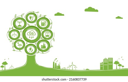 	
Verringerung der Kohlendioxidemissionen zur Begrenzung der Erderwärmung und des Klimawandels. Niedrigere CO2-Werte mit nachhaltiger Entwicklung als erneuerbare Energien und Elektrofahrzeuge - grüner Stadtvektor