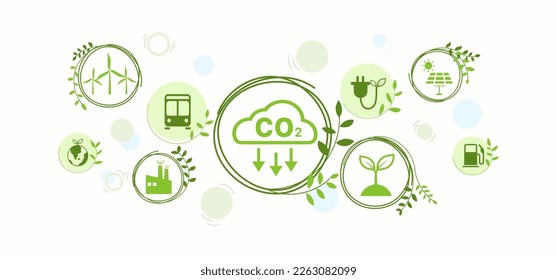 Reducir las emisiones de dióxido de carbono para limitar el calentamiento global y el cambio climático. Niveles más bajos de CO2 con desarrollo sostenible como energía renovable y vehículos eléctricos - vectores de ciudades verdes