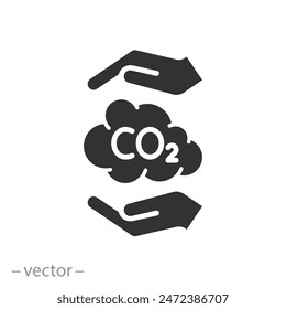 reduce carbon emission icon, hands capture co2 cloud, protect environment, flat symbol on white background - vector illustration