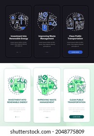Reduce carbon emissions onboarding mobile app page screen. Manage waste walkthrough 3 steps graphic instructions with concepts. UI, UX, GUI vector template with linear night and day mode illustrations