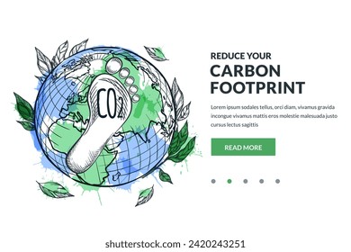 Reduce carbon footprint, ecology, environmental concept. Earth Environment Day vector hand drawn sketch illustration. Human foot on blue watercolor planet with green leaves