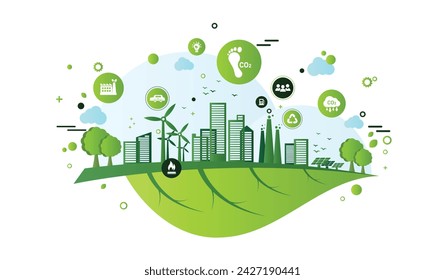 Ilustración vectorial de huella de carbono, concepto de huella de carbono CO2 con iconos. Sostenibilidad, ecología y medio ambiente. Efecto del dióxido de carbono en el ecosistema del planeta. huella de carbono estilo plano.