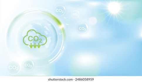 Reduzieren Sie das CO2- oder Kohlenstoffkonzept in Blasen. CO2-Ausstoß mit sauberer Energie und Begrenzung der globalen Erwärmung. Grünes Geschäft mit erneuerbaren Energien. Vektorgrafik-Design.