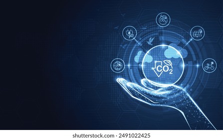 Reduce CO2 or carbon concept with icons and hand. CO2 emission using clean energy and limit global warming. renewable energy business background. vector design.