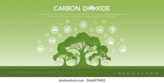 Reduce CO2 emission, clean energy and reduce climate change problem, renewable energy, sustainable development. vector illustration.