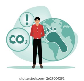 Reduzir as emissões de co2 e o impacto climático. Homem contemplando as emissões de carbono e os impactos ecológicos globais, com um globo apresentando uma pegada e símbolos de CO2 representando a consciência sobre as mudanças climáticas.