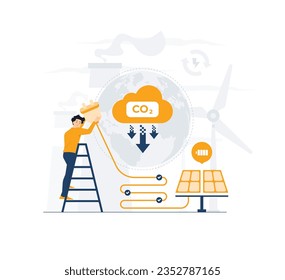Reduce CO2 emission, net zero and Carbon neutrality, business development based on renewable energy. Green energy sources electricity, solar panels and wind turbines concept illustration