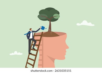 Reduce CO2 emissions awareness to limit climate change and global warming. Low greenhouse gas levels, decarbonize, net zero carbon dioxide footprint. Man watering tree flat vector illustration design