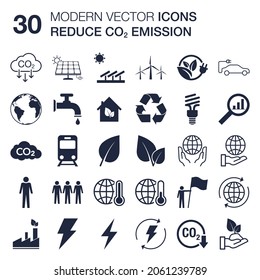 Reduce CO2 emissions icon set with shapes for carbon offset, decarbonize, sustainable development, renewable energy, ecology, environmental protection. Scalable vector for web and print, flat design