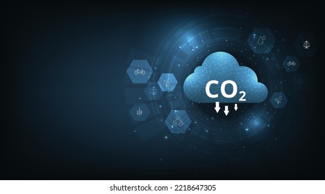 Reduce CO2 emissions to limit global warming on dark blue background.Lower CO2 levels with sustainable development on renewable energy, planting tree and green energy to stop climate change.