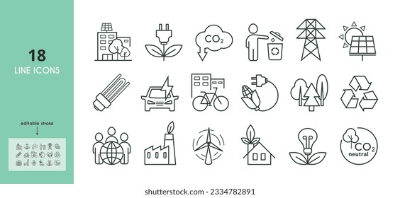 Reduce CO2 emissions line icon set. Bicycle, green city, energy efficient light bulb, electric car, recycling, biofuel, wind turbine, solar panel vector illustration. Outline sings. Editable Stroke