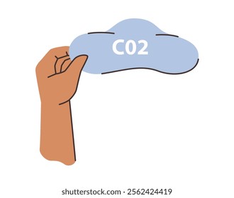 Reduce CO2 gas emissions, carbon footprint, stop climate changes on Earth. Vector isolated hand holding sign, taking part in nature protection and preservation, strike or ecoactivists people