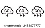 Reduce co2 gas icon set. carbon reduction cloud sign. cut co2 pictogram. zero carbon emission. zero greenhouse gas low co2 logo. Carbon dioxide emissions. Simple linear vector illustration.