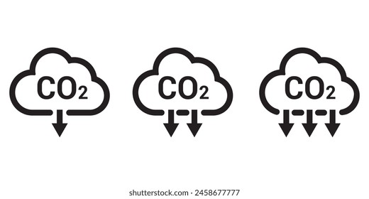 Reducir el conjunto de iconos de gas de co2. reducción de carbono signo de nube. cortar pictograma de co2. cero emisión de carbono. cero gas de efecto invernadero bajo CO2 logo. Emisiones de dióxido de carbono. Ilustración vectorial lineal simple.