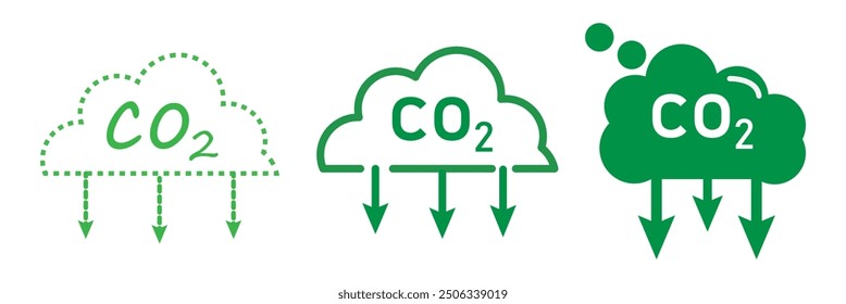 Reduce co2 gas icon set. carbon reduction cloud sign. cut co2 pictogram. zero carbon emission. zero greenhouse gas low co2 logo. Carbon dioxide emissions. Simple linear vector illustration.