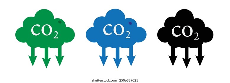 Reduce co2 gas icon set. carbon reduction cloud sign. cut co2 pictogram. zero carbon emission. zero greenhouse gas low co2 logo. Carbon dioxide emissions. Simple linear vector illustration.