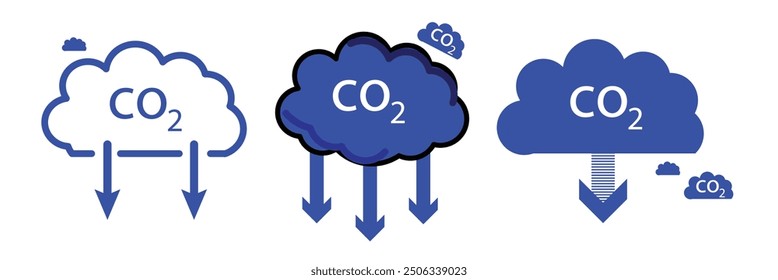 Reduce co2 gas icon set. carbon reduction cloud sign. cut co2 pictogram. zero carbon emission. zero greenhouse gas low co2 logo. Carbon dioxide emissions. Simple linear vector illustration.