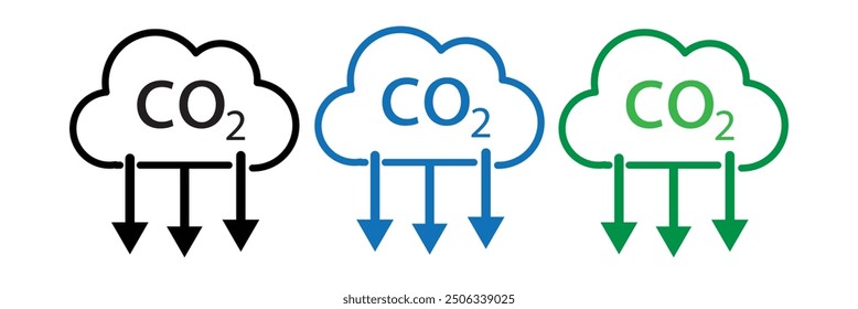 Reduce co2 gas icon set. carbon reduction cloud sign. cut co2 pictogram. zero carbon emission. zero greenhouse gas low co2 logo. Carbon dioxide emissions. Simple linear vector illustration.