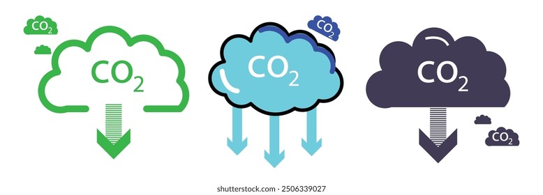 Reduce co2 gas icon set. carbon reduction cloud sign. cut co2 pictogram. zero carbon emission. zero greenhouse gas low co2 logo. Carbon dioxide emissions. Simple linear vector illustration.