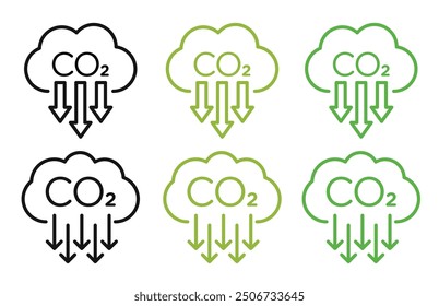 Reduce CO2 gas icon set in green and black colors. Zero carbon emissions symbols. Carbon reduction cloud pictogram. Cut CO2 sign with low carbon footprint and zero greenhouse gas logos