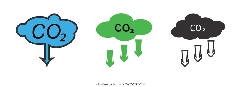 Reduce co2 gas icon set. carbon reduction cloud sign. cut co2 pictogram. zero carbon emission. zero greenhouse gas low co2 logo. Carbon dioxide emissions.