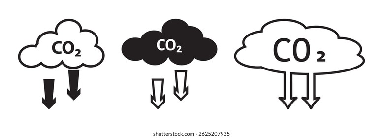 Reduce co2 gas icon set. carbon reduction cloud sign. cut co2 pictogram. zero carbon emission. zero greenhouse gas low co2 logo. Carbon dioxide emissions.