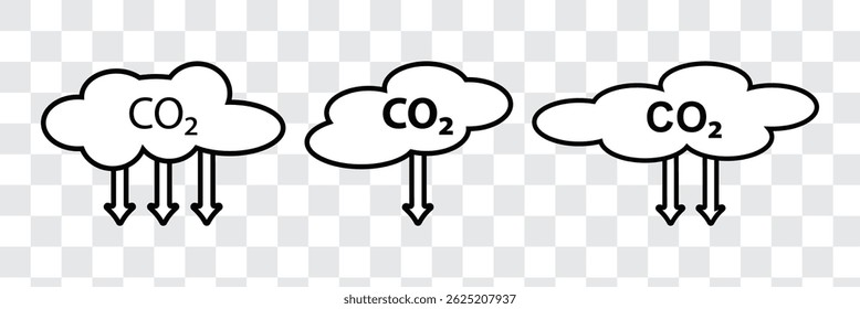 Reduce co2 gas icon set. carbon reduction cloud sign. cut co2 pictogram. zero carbon emission. zero greenhouse gas low co2 logo. Carbon dioxide emissions.