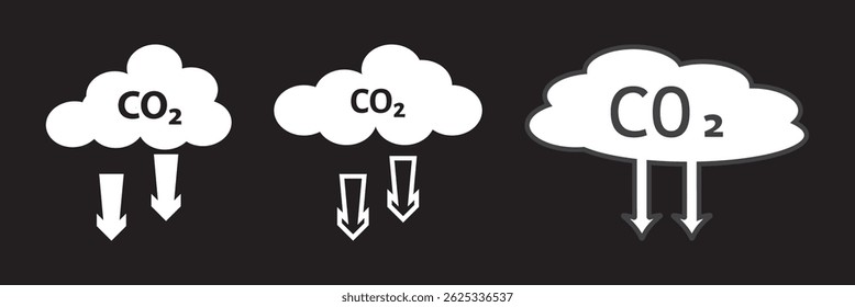Reduce co2 gas icon set. carbon reduction cloud sign. cut c02 pictogram. zero carbon emission. zero greenhouse gas low co2 logo. cut carbon bubble vector.