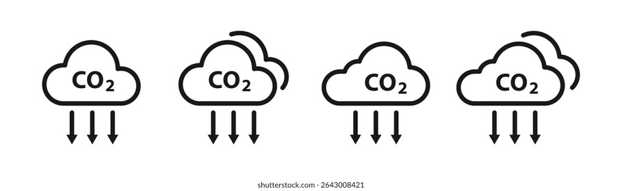 Reduzca el conjunto de iconos de gas de CO2. Señal de nube de reducción de emisiones de dióxido de carbono. Ilustración vectorial de ancho de línea editable