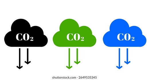 Reduce co2 gas icon set. carbon reduction cloud sign. 