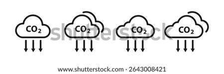 Reduce co2 gas icon set. Carbon dioxide emission reduction cloud sign. Editable line width vector illustration