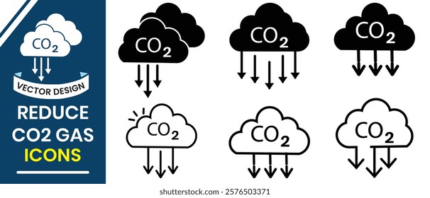 Reduce co2 gas icon, vector set. Carbon reduction cloud sign, climate, weather symbol. Carbon emissions reduction icon, silhouette. Greenhouse gas reduce from cloud. Simple linear vector illustration.